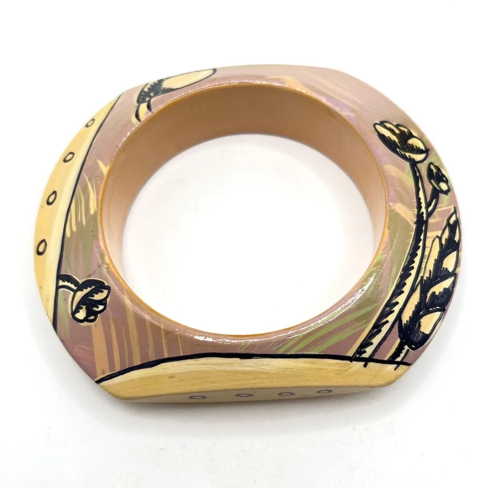 Vintage Lacquered Hand-Painted Floral Flower Mauve Purple Wood Bangle Bracelet